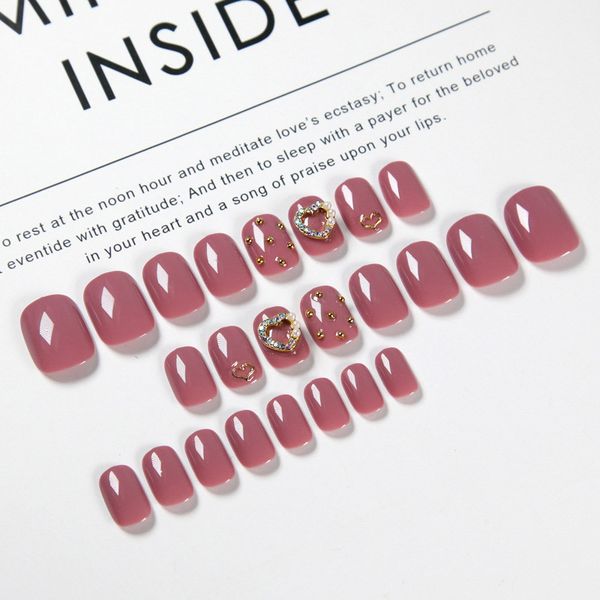 

24pcs bean paste fake nails with rhinestone heart design finished short square full cover nail art with glue artifical nails, Red;gold