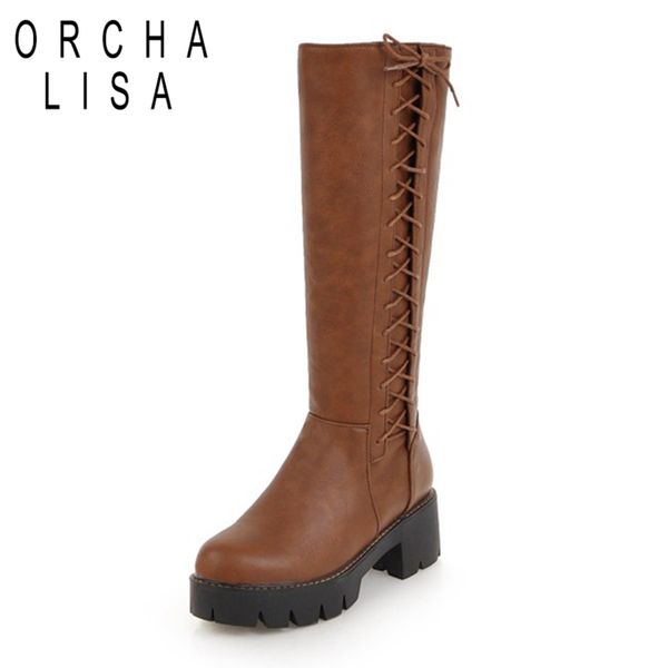 

orcha lisa women knee high boots cross strap zipper winter shoes women fur fashion platform thick high heels botas mujer c866, Black