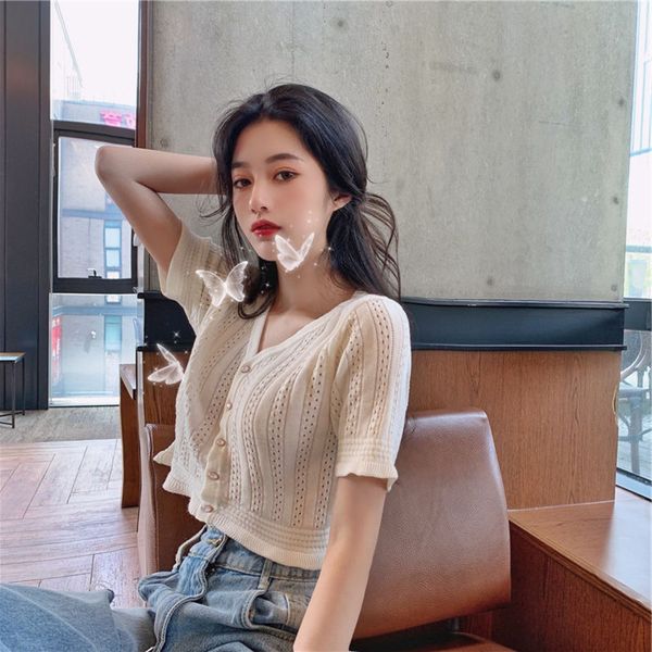 

jennie style lavender thin coat hollow-out knitted cardigan women's taro purple short sleeve sweater coat sweater peach collar c48be, White;black