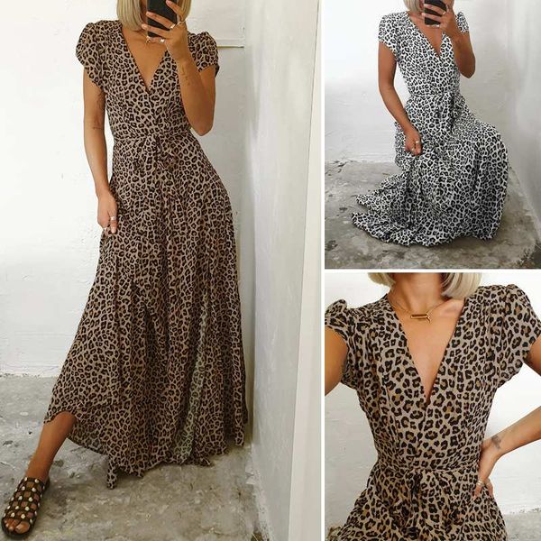 

celmia women's long dress 2020 summer v-neck leopard print vintage maxi sundress casual high waist split party vestidos 5xl, White;black
