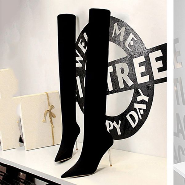 

woman fashion stretch fabric socks boots toes high boots on knee high heels thigh heel boot ladies, Black