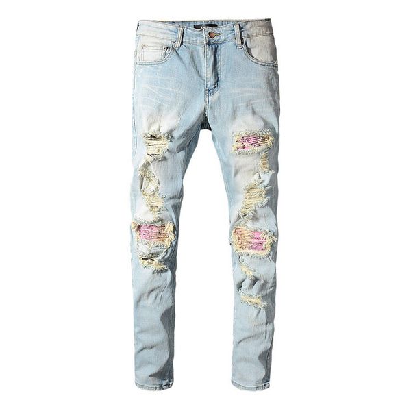 

2020 High quality Mens jeans #589 Distressed Motorcycle biker jeans Slim Ripped hole stripe Famous Brand Denim pants Hip Hop jeans
