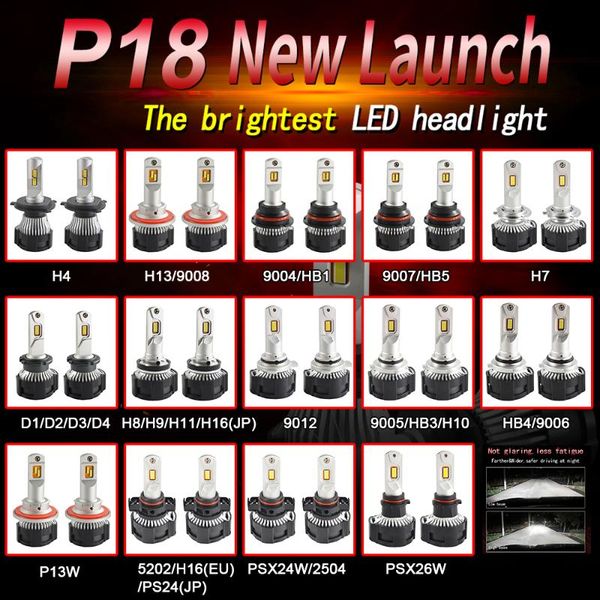 

p18 52w h4 super bright headlight bulb led car bulbs h4 h13 9004 9007 h7 h8 9012 9005 4 p13w 5202 auto lamps 9000lm headlamp