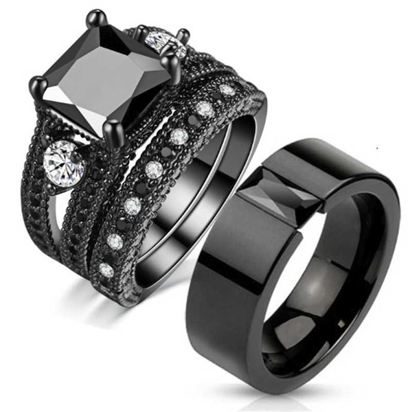 

new fashion popular men's simple women's square black zircon ring set couple engagement wedding gift jewelry wholesale, Slivery;golden