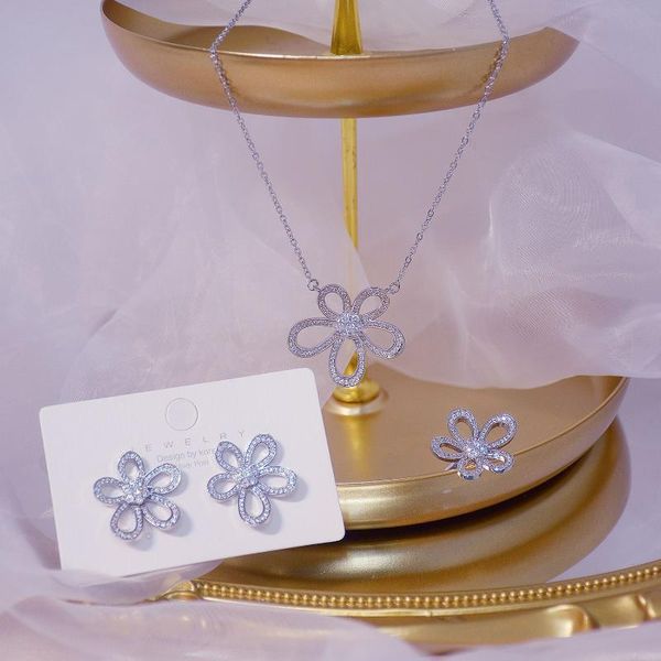 

shiny side новые аксессуары цветочный кристалл серьги для женщин элегантный цепочки кулон ожерелье кольца серьги комплект ювелирных изделий, Silver