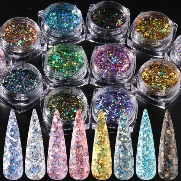 

nail glitter 1box mermaid art holographic pigment powder 3d mixed hexagon sequins flakes manicure decorations jias/ad, Silver;gold