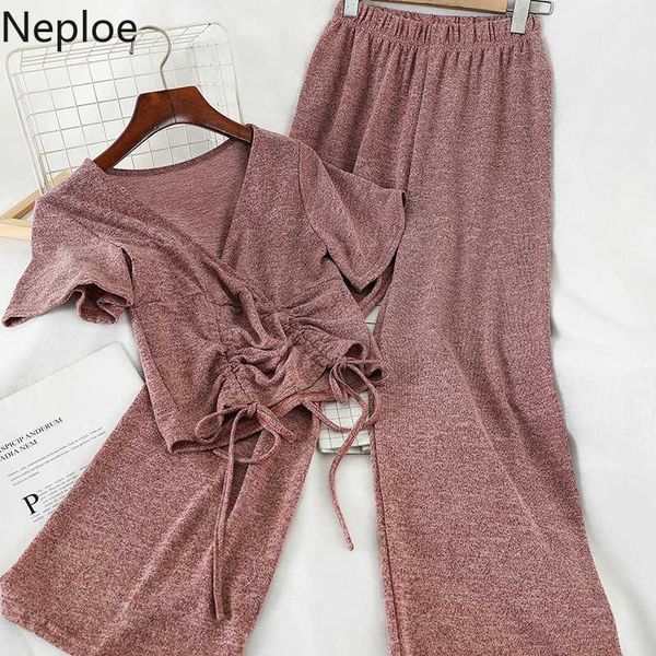 

neploe spring 2020 women 2 piece outfits v neck drawstring short sleeve + high waist wide leg pants fashion suits 80940, Gray