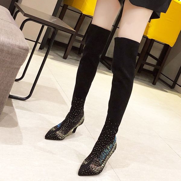

luxury crystal thin heel over the knee boots women pointed toe stretch long boots woman black slip on botas mujer