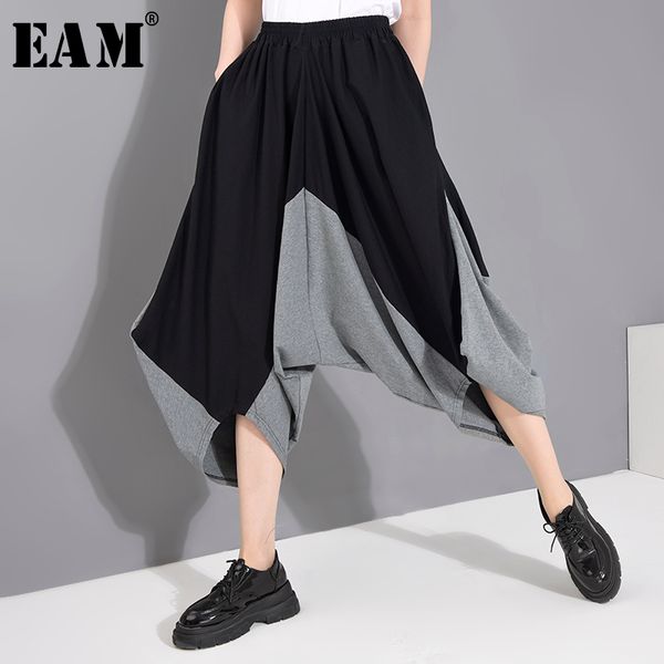 

women's pants & capris [eam] high elastic waist gray wide leg contrast colortrousers loose fit women fashion tide spring summer 2021 1w, Black;white