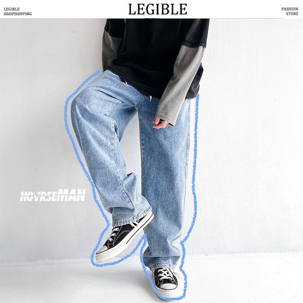 

legible streetwear loose men straight jeans trousers 2020 elastic waist man casual wide leg pants korean men's denim pants, Blue