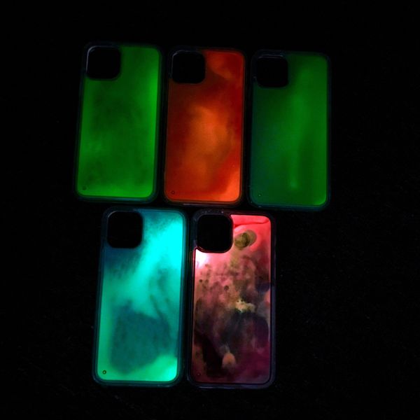 

neon luminous glow in dark liquid glitter quicksand tpu pc case back cover for iphone 11 pro max xs xr x 8 7 6 6s plus