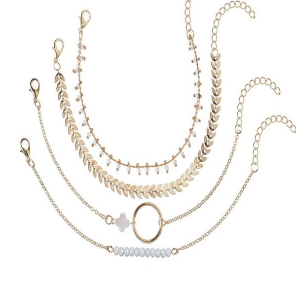 

new vintage gold color white beads chain bracelets for women 4pcs/set bohemian bracelet sets handmade shell bracelet, Golden;silver
