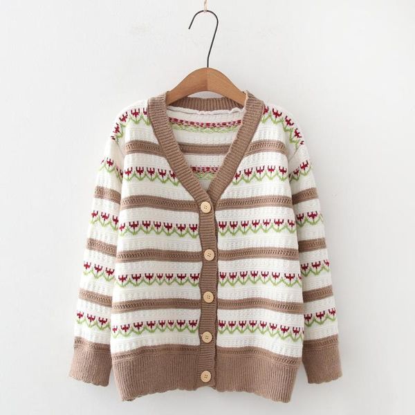 

women autumn cardigan with striped print long sleeve knitted coat femme casual loose thick winter christmas sweater outwear coat, White