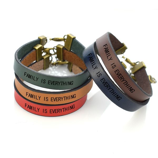 

family is everything " engraved leather bangle family bracelet retro wax rope bracelets for men for women christmas gifts, Golden;silver