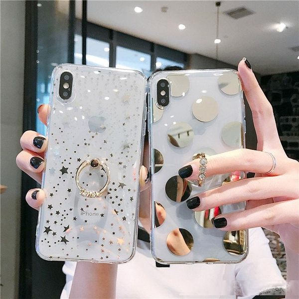 

fashion electroplated gold stamping star polka dot heart clear soft tpu with diamond ring stand for iphone 11 pro max xs xr x 8 7 6 6s plus