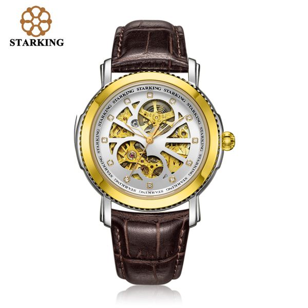 

starking watch men skeleton automatic mechanical watch gold skeleton vintage men relogio masculino clock, Slivery;brown