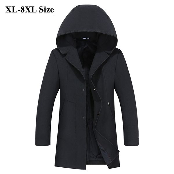 

plus size 6xl 7xl 8xl brand men's woolen jacket overcoat autumn winter warm long hooded business casual wool coat male clothes, Black