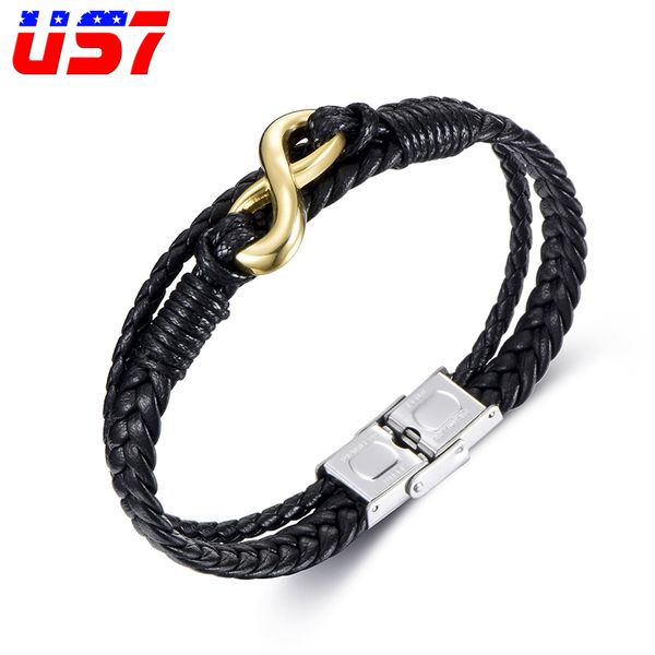 

charm bracelets us7 infinity symbol stainless steel genuine leather bracelet vintage wrap tribal braided knot bangles for men jewelry, Golden;silver