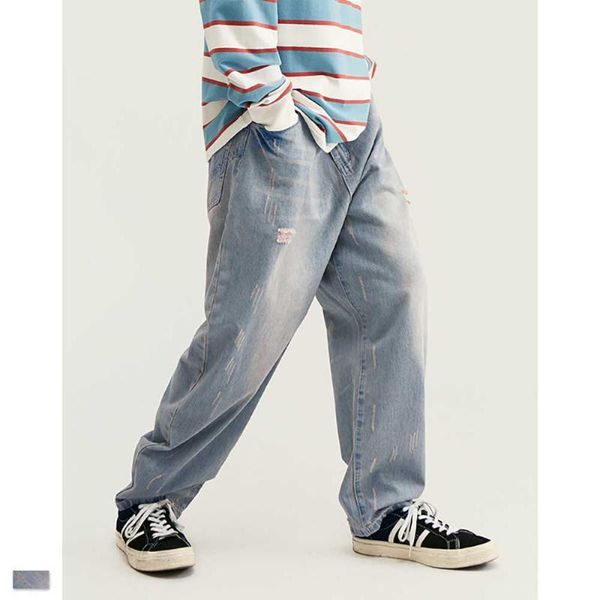 

trend retro ripped jeans men casual denim pants loose baggy jeans distressed trousers streetwear cowboy hip hop harem, Blue