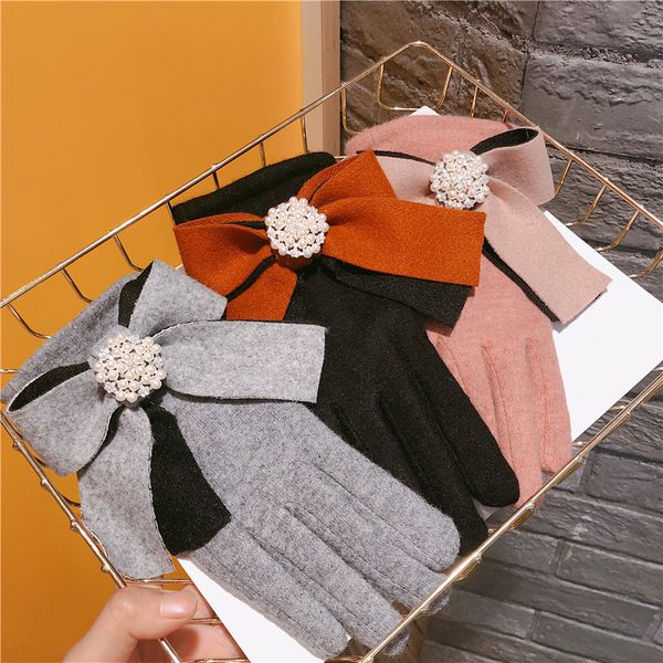 

women gloves velvet keep warm touch screen gloves full finger ribbon bow winter mittens driving outdoor, Blue;gray