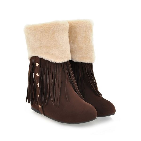 

boots winter women snow height increasing fringe ankle ladies vintage warm cotton shoes zapatos mujer big size, Black
