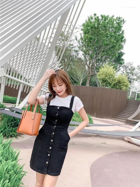 

suspender sundress overall mini dress denim dress 2020 summer slim sweet style strap jeans dress women preppy, Black;gray