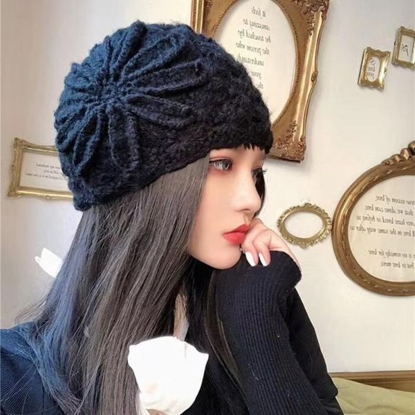 

beret hat women ethnic style handmade knitted woolen cap women's autumn and winter retro elegant flower beret warm baotou cap, Blue;gray