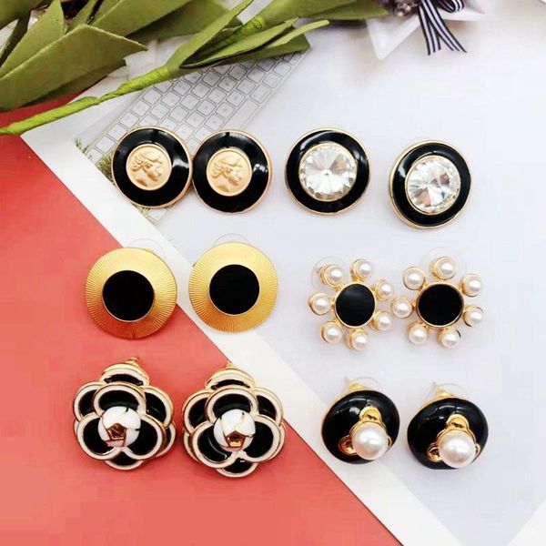 

stud black earrings modern women geometric pearls-enamel flower plant, Golden;silver