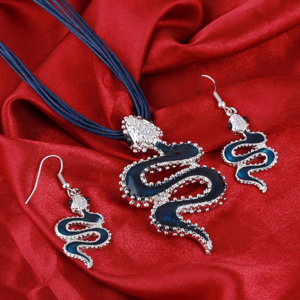 

minhin charming jewelry set for women blue oil painting snake shape pendant jewelry classic rope choker necklace+earring, Silver