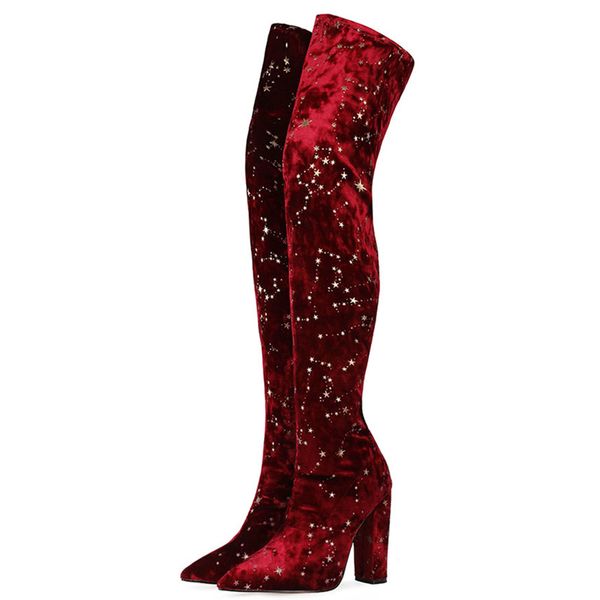 

velvet bronzing thigh knee stretch boots woman hoof heels new retro ladies pointed toe slender slip on 11cm thick heel boot, Black
