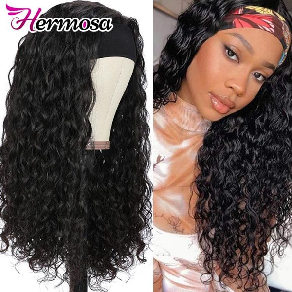 

brazilian human hair wigs glueless water wave headband wigs remy human hair friendly for beginners hermosa, Black;brown
