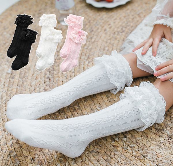 

kids lace socks girls lace bow jacquard 3/4 knee high socks children cotton dance princess socks girls breathable legs a4356, Pink;yellow