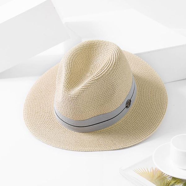 

casual simple adjustable sun protection summer outdoor jazz all-match cap fashion beach flat brim panama straw women hats, Blue;gray