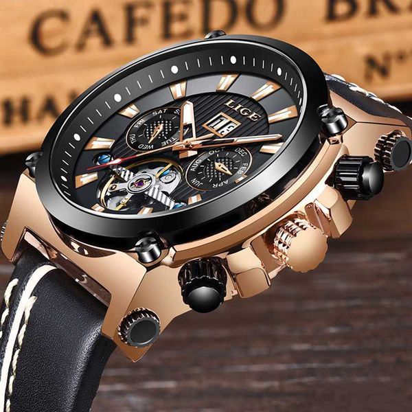 

wristwatches lige men watches automatic mechanical watch male leather waterproof sport business wristwatch relogio masculino, Slivery;brown