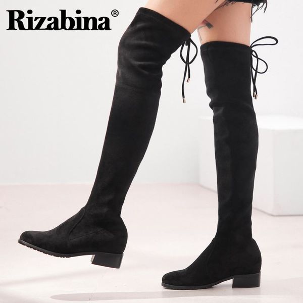 

boots rizabina women over knee lace up heel stretch fashion casual winter warm shoes footwear size 34-42, Black