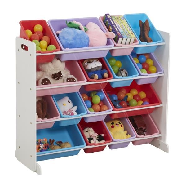 

4 tiers wooden kids' toy storage organizer with 16 plastic bins storage shelf for storage rack for children's toys and books