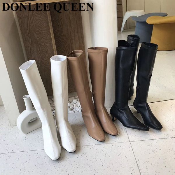 

elegant women low heel long boots fashion knee high boots square toe winter shoes women casual slim ladies 2020 zapatillas, Black
