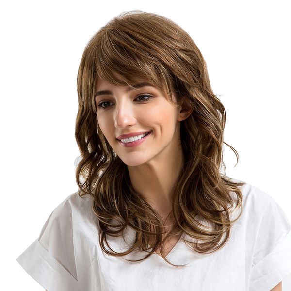 

45 cm natural fluffy wavy loose wave layer wig for women human hair coffee, Black