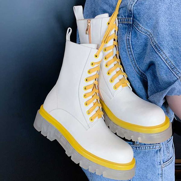 

fashion white women motorcycle boots thick bottom genuine leather booties ladies lace up platform woman ankle boots botas mujer, Black