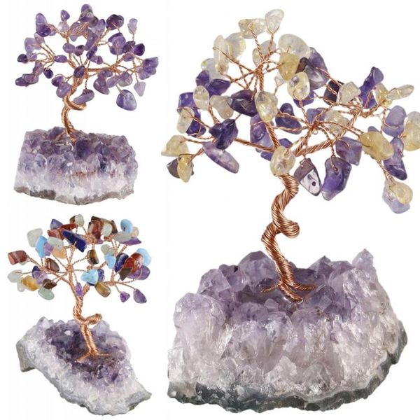

tumbeelluwa crystal money tree, natural amethyst cluster base bonsai figurine for wealth and luck home decor 3.5-4.7, Pink;blue
