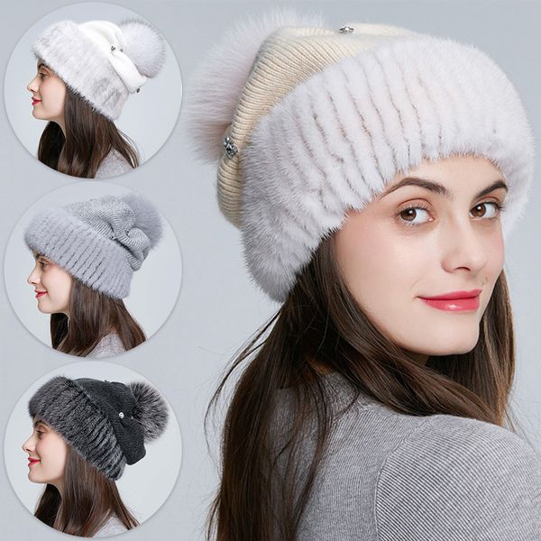 

new elegant simple faux fur hats for women winter warm fur hats knitted female warm snow caps ladies beanies cap, Blue;gray