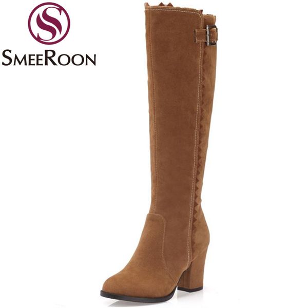 

smeeroon 2020 knee high boots restoring woman side zipper fashion boots buckle women's shoes flock winter big size 34-48, Black