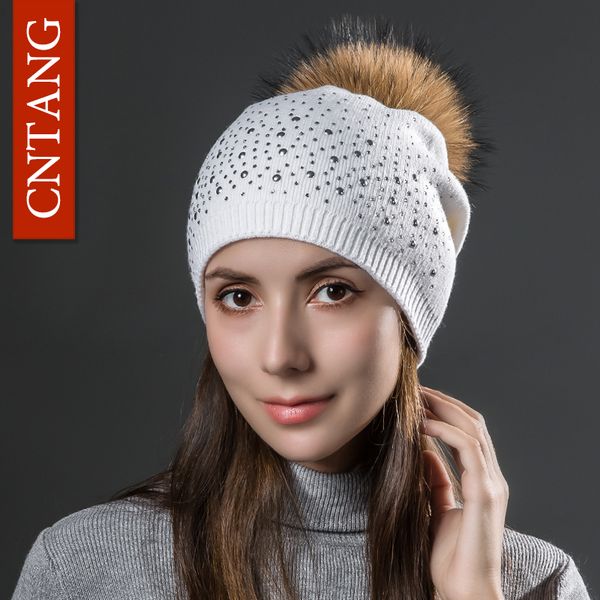 

multiple styles women wool knitted hats fashion rivet with natural real raccoon fur pompom cap beanies winter warm hat for women, Blue;gray