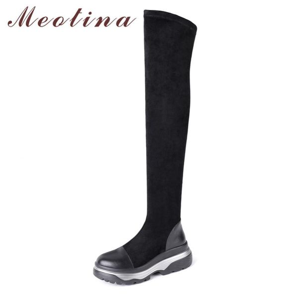 

meotina winter over the knee boots women natural genuine leather flat platform thigh high boots slim stretch shoes lady 42, Black