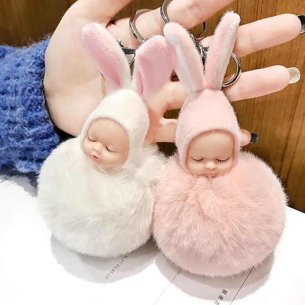 

ears sleeping baby doll keychain flower pompom fur ball key chain fluffy car keyring porte clef bag key ring, Silver