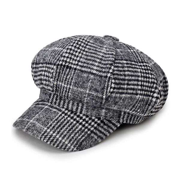 

stingy brim hats fibonacc fashion women sboy caps wool blend autumn winter hat for girls casual octagonal student plaid beret, Blue;gray