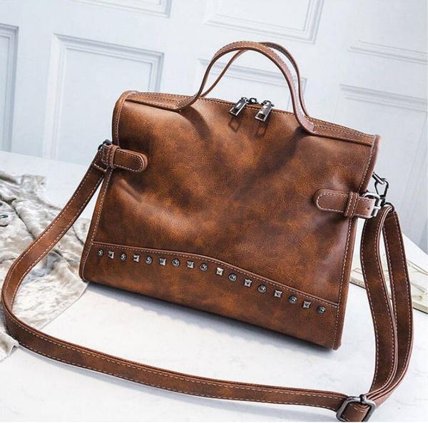 

fashion female shoulder bags pu leather women handle bags with rivets vintage motorcycle tote sac a main