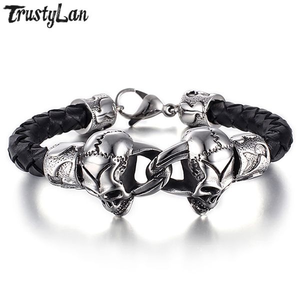

tennis trustylan punk rock skull mens bracelets & bangles jewelry genuine leather stainless steel men wrap bracelet drop, Golden;silver