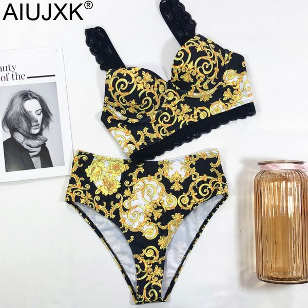 

aiujxk new 2020 biquini women push up lingerie high waist swimwear summer vintage print lace bra and panty 2 pieces swimwear, Red;black