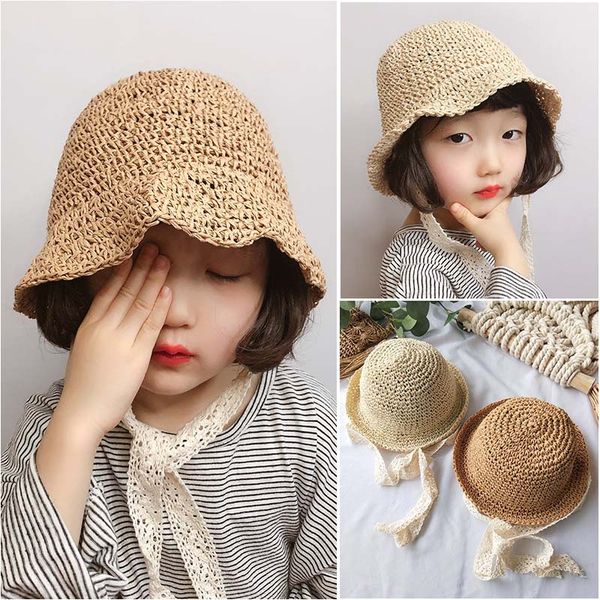 

handmade children straw hat summer baby girls lace windproof beach sun hat floppy bonnet hats wholesale, Blue;gray
